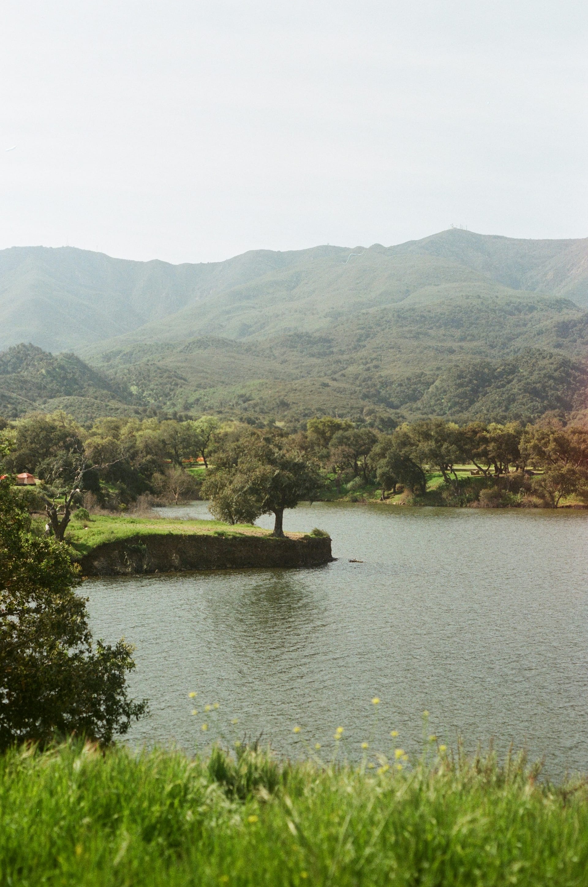 Still water held by lush green California hills
