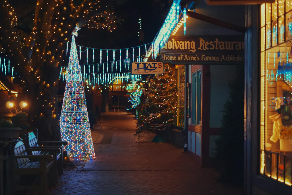 Warm holiday lights glowing softly at dusk